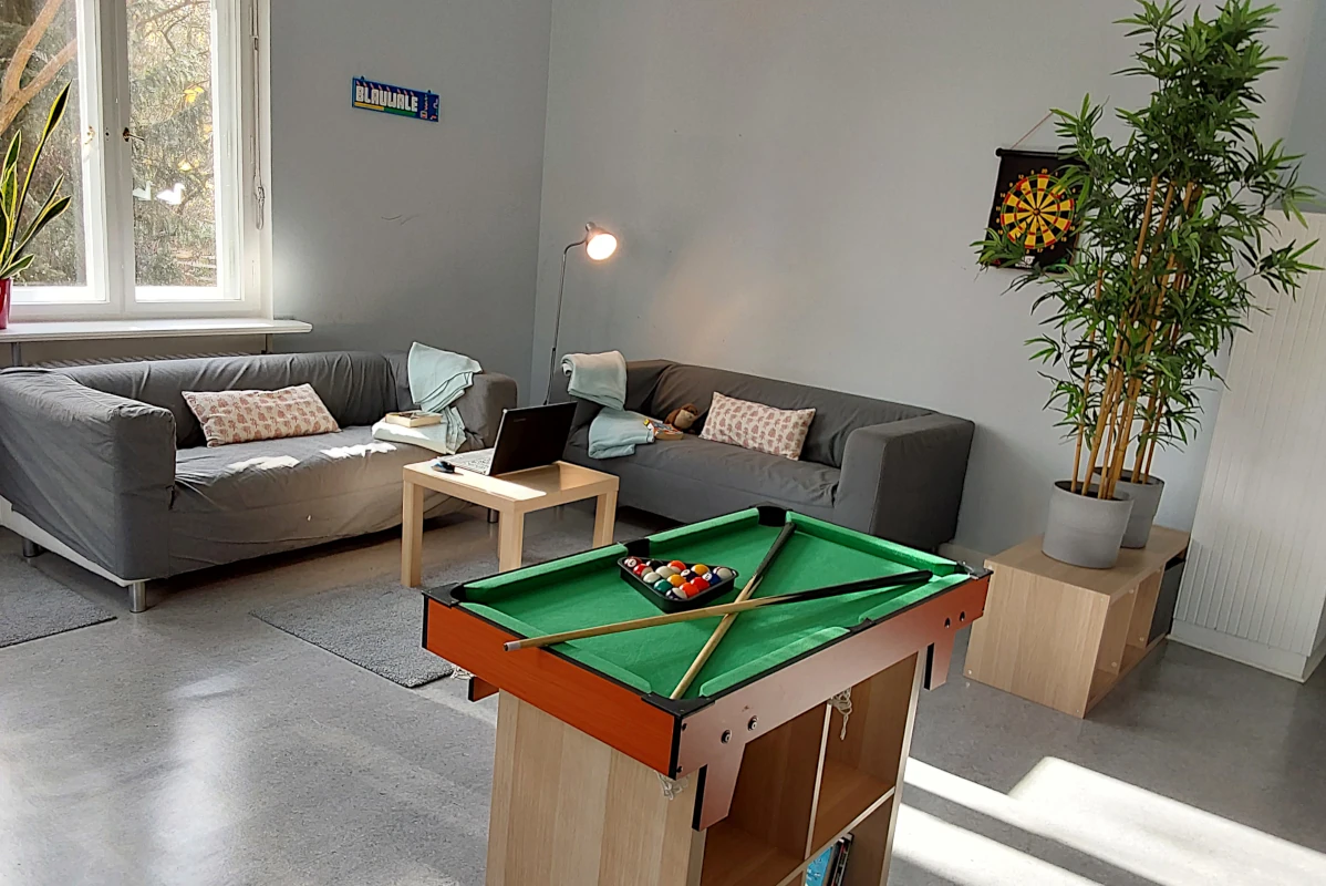 Der Ruhebereich mit Sofa und Billardtisch