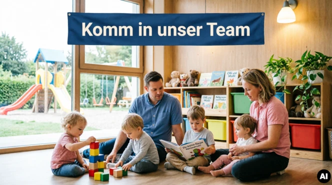 Ki-Generiertes Symbolbild einer Kita-Situation mit Banner 'Komm ins Team'