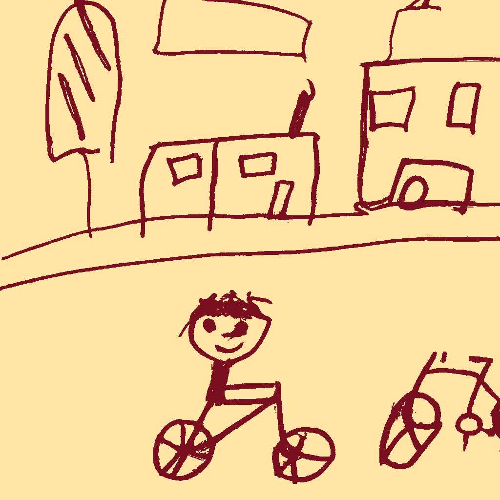 Kinderzeichnung: Fahrradfahrer auf der Strasse