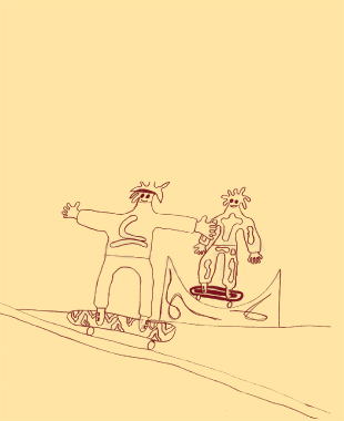 Kinderzeichnung:  Kinder auf einem Skateboard